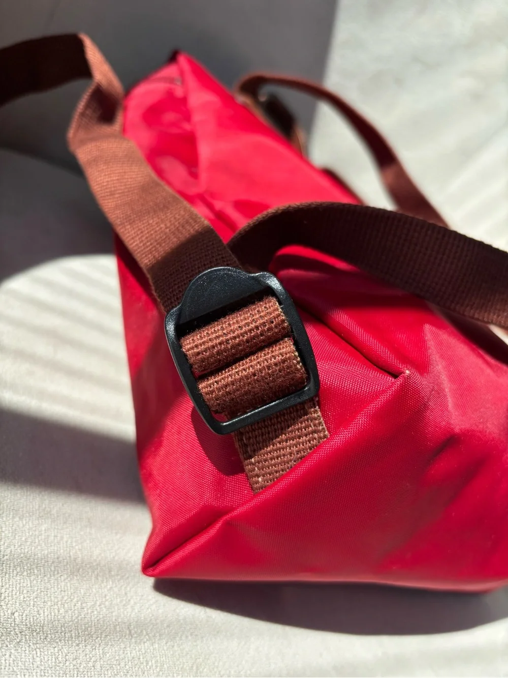 Longchamp Le Pliage Red Women's Nylon Backpack with Brown Leather Flap